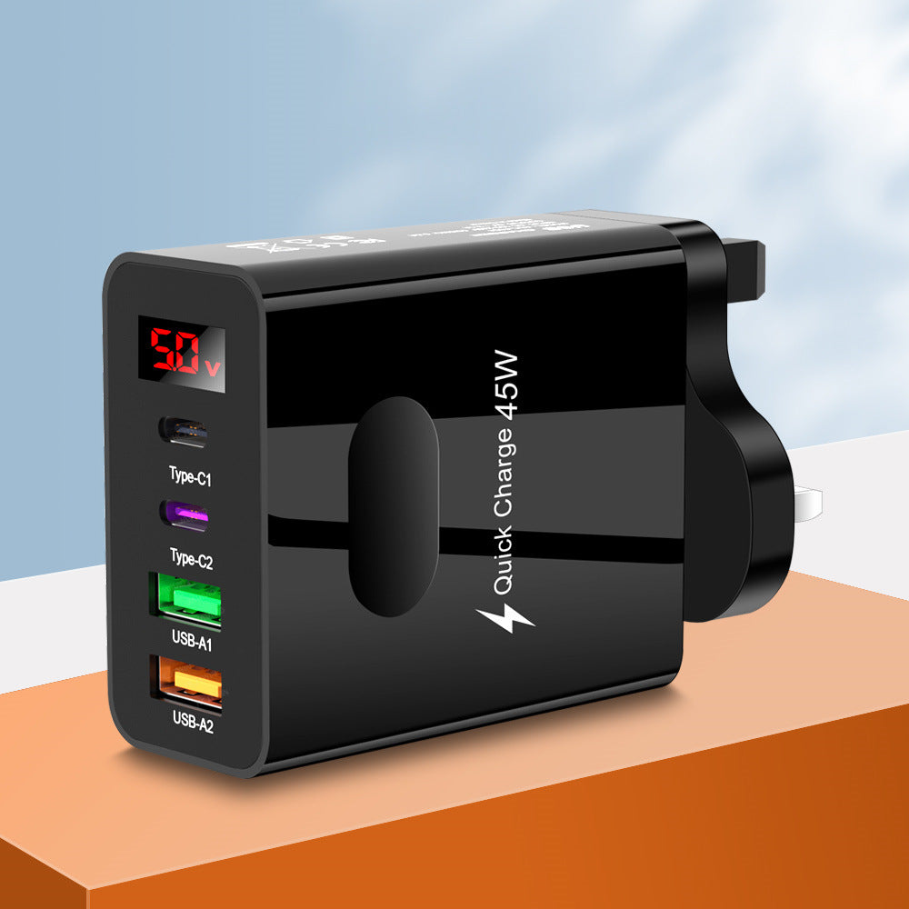 Digital display 2USB+2Type-c digital display mobile phone charger, multi port charging head, European, American and British standard plug