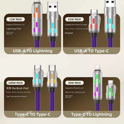 Colorful LED Silicone 4-in-1 Charging Cable with Zinc Alloy PD 100W Fast Charging, 6A Car Charger, Multi-functional Universal Compatible Charging Cable