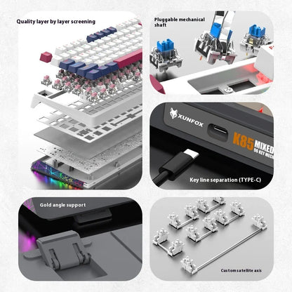 XUNFOX K85 wired mechanical keyboard for esports games, hot swappable desktop computer for office and home use, illuminated USB