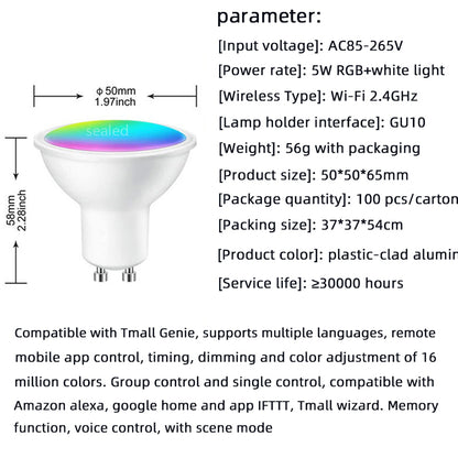 WIFI Smart Spotlight GU10 RGBCW Mobile Phone APP Dimming And Color Matching Support Alexa Speaker Control