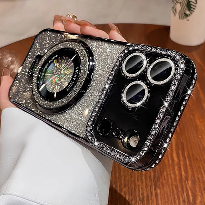 Crystal Glitter Magnetic Mount Bracket for iPhone 17 Pro Max Phone Case with Lens Film, Anti-drop Protection for Apple iPhone 16, 15